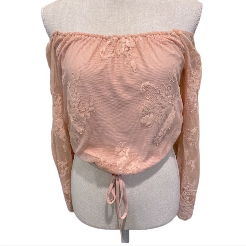 Lovers + Friends Womens Size S Lace Cold Shoulder Crop Top Pink Drawstring